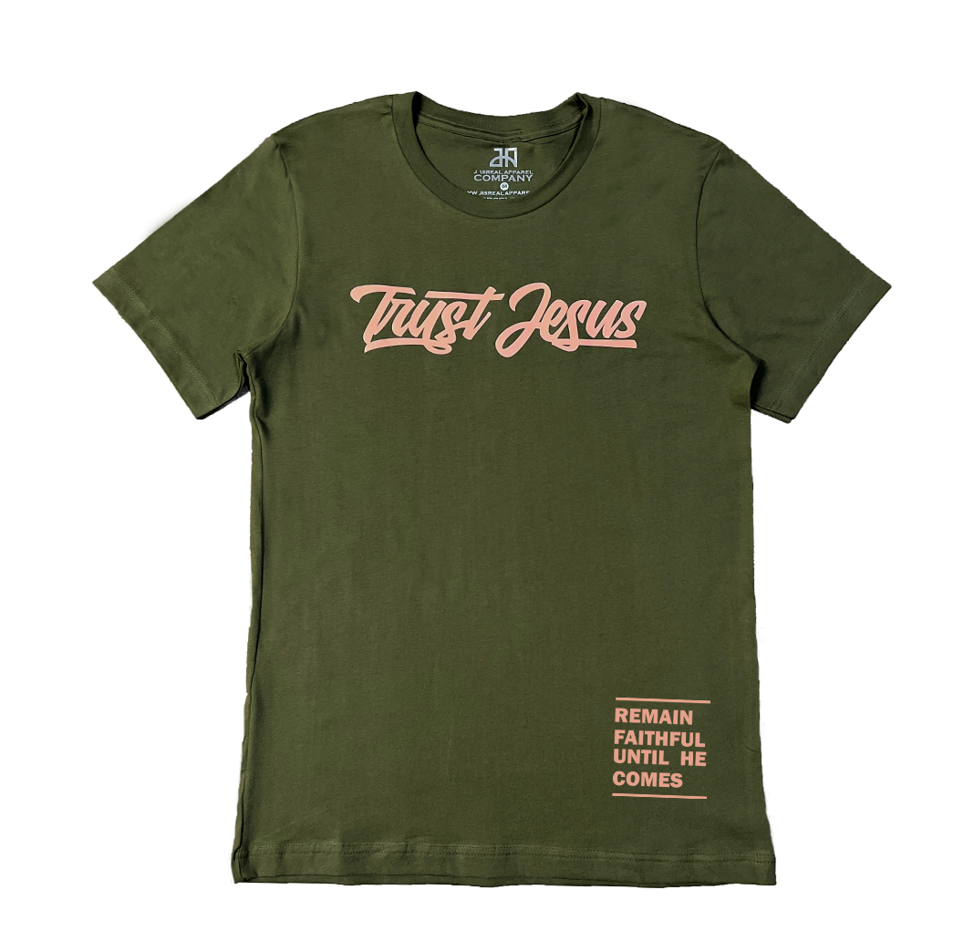 TRUST JESUS MILITARY GREEN AND SALMON T-SHIRT