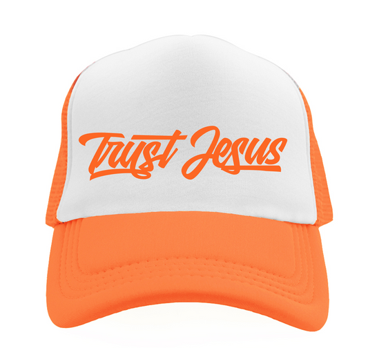 TRUST JESUS ORANGE TRUCKER HAT